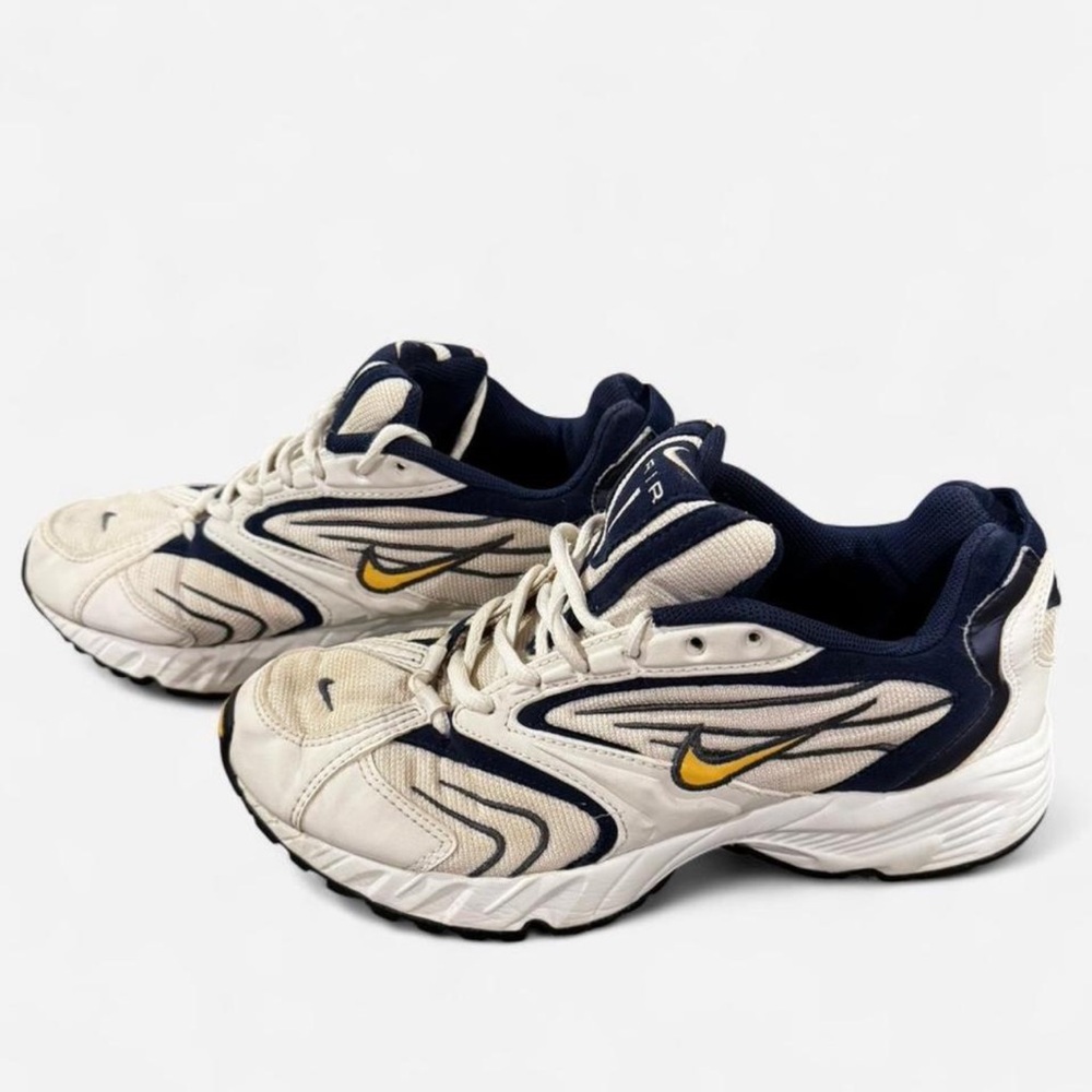 Nike Men's White and Navy Running Sneakers with Yellow Swoosh